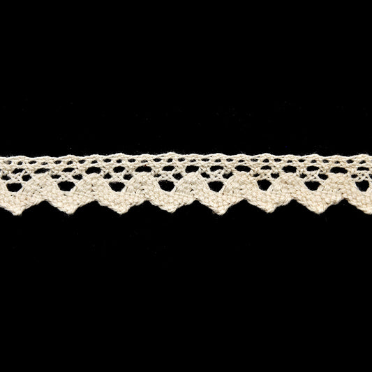 A roll of ivory cotton lace trim with a loop pattern.