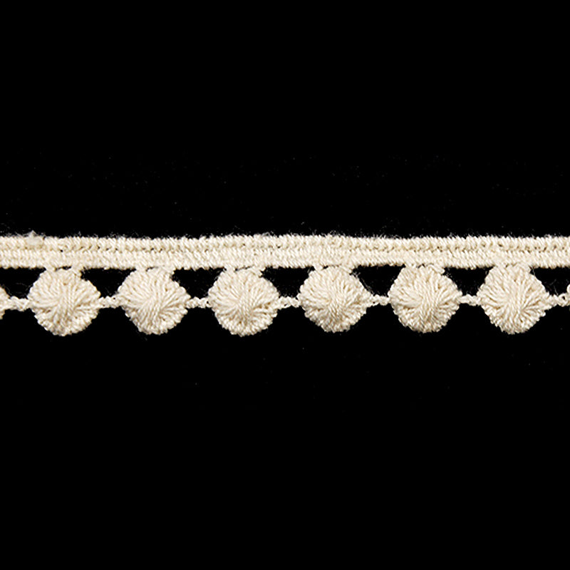A roll of ivory cotton lace trim with a scalloped edge and floral pattern.
