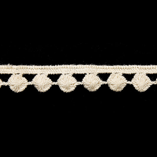 A roll of ivory cotton lace trim with a scalloped edge and floral pattern.