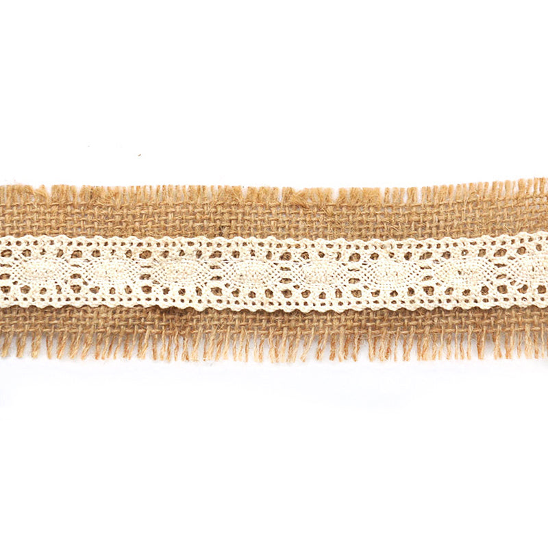 A roll of jute braid lace trim with a natural beige color, featuring a combination of jute texture and lace detailing.