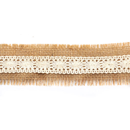 A roll of jute braid lace trim with a natural beige color, featuring a combination of jute texture and lace detailing.