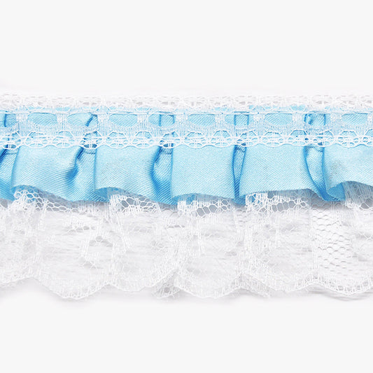 A gathered lace trim with satin edge, displayed in light blue color, showing the texture and the ruffled design.