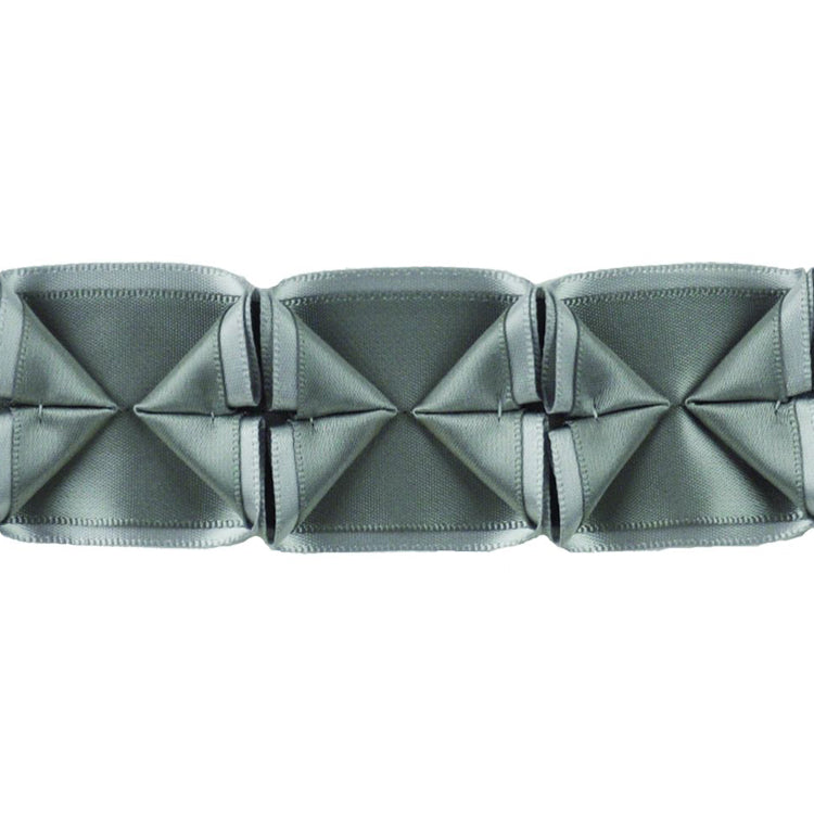 A 10-yard roll of 1 1/2 width box pleated ribbon in metal grey color.