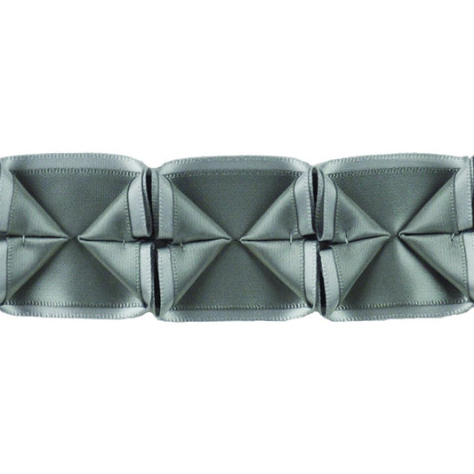 A 10-yard roll of 1 1/2 width box pleated ribbon in metal grey color.
