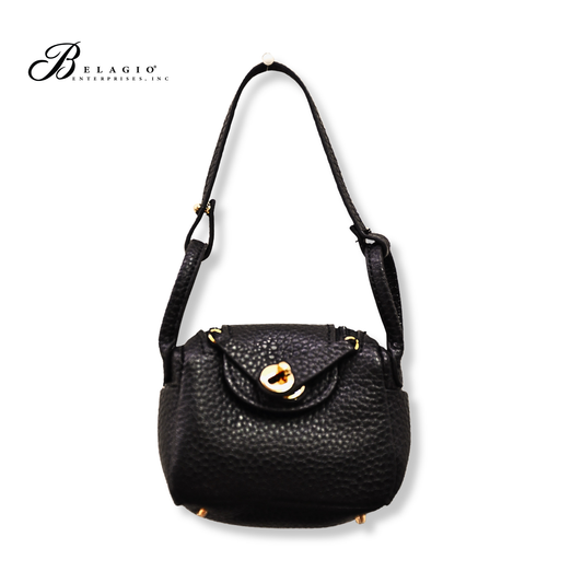 Black handbag with gold accents on a white background, featuring the Belagio logo.