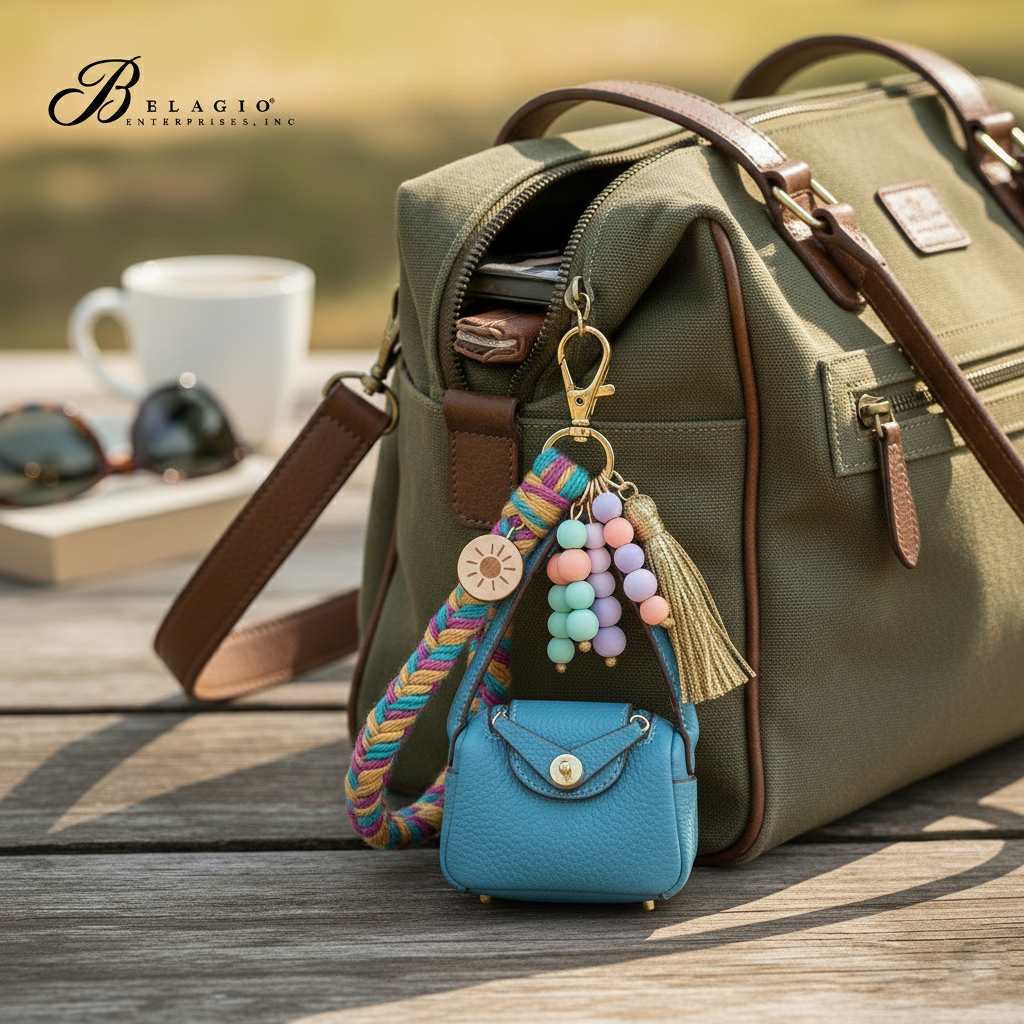 Belagio Enterprises Fashion Fobs – Mini Teal Leather Bag Keychain Accessory for Purses, Totes & Gifts (3" x 2.5")