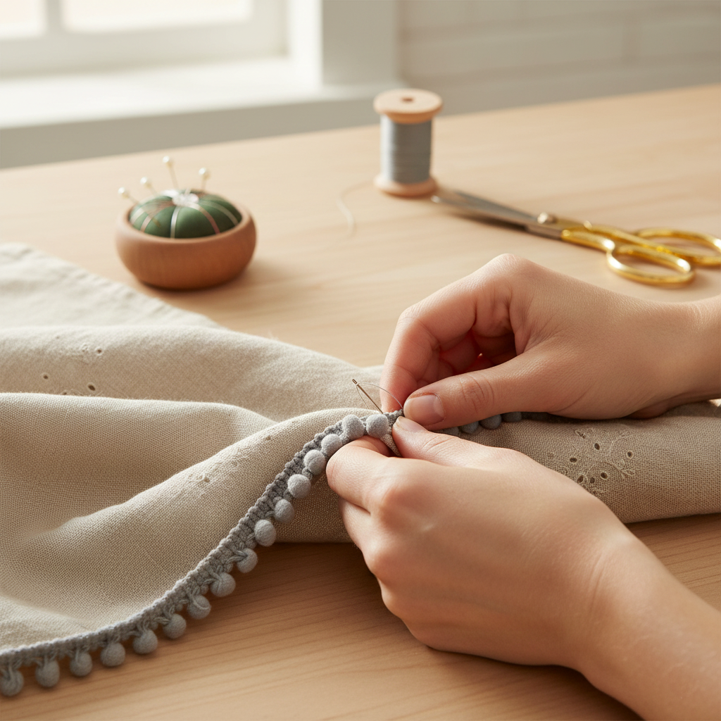 Person sewing fabric with pom-pom trim on a wooden table.