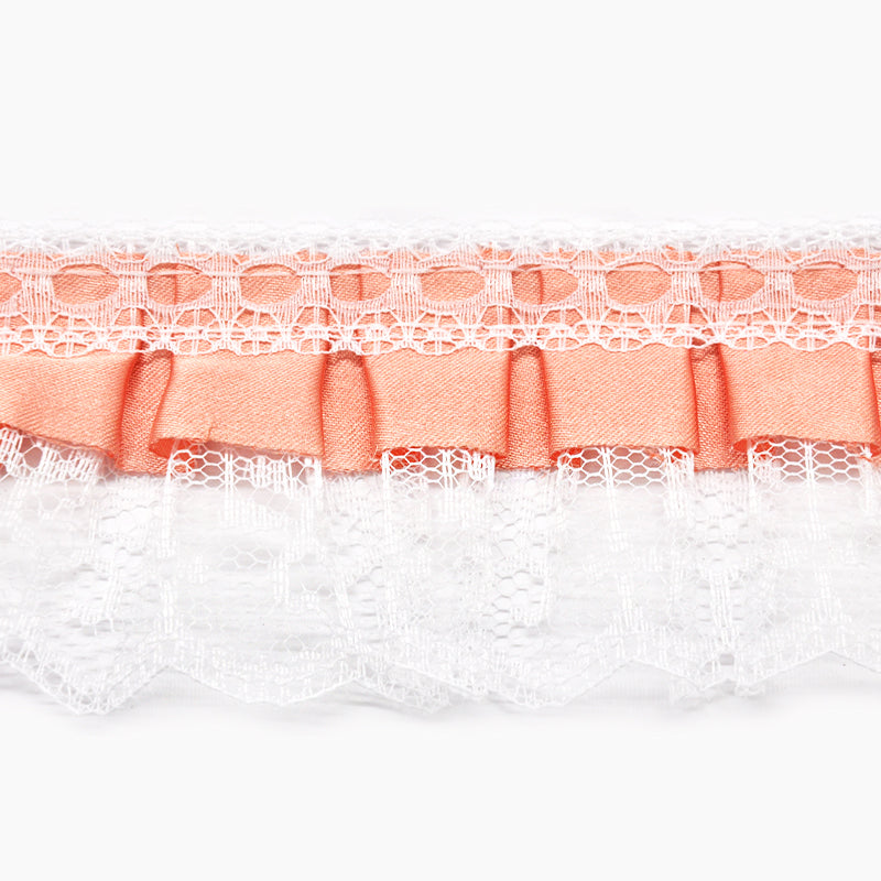 A 2-inch wide gathered lace trim with a satin edge, displayed in a melon color, against a white background.