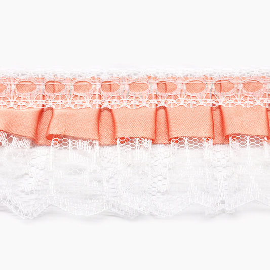 A 2-inch wide gathered lace trim with a satin edge, displayed in a melon color, against a white background.