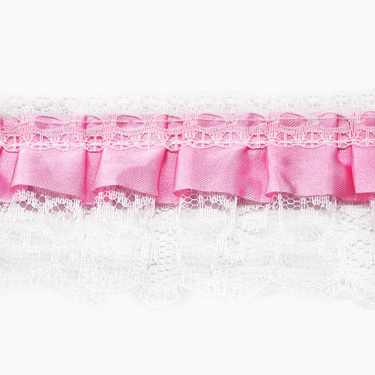 A 2-inch wide pink gathered lace with satin edge, displayed on a white background.