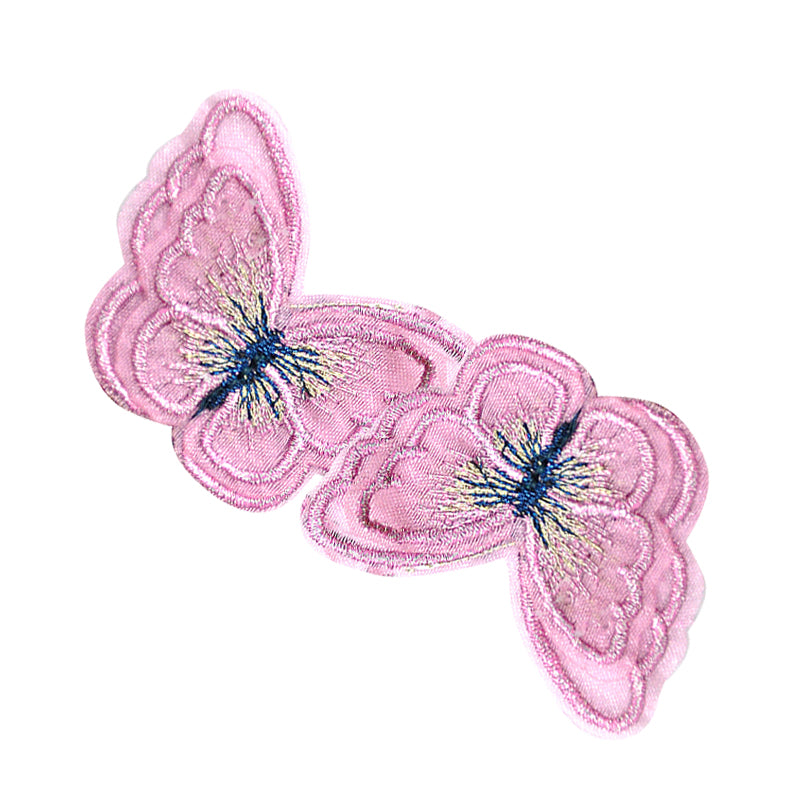 A set of two pink embroidered butterfly appliques with blue details on a white background.