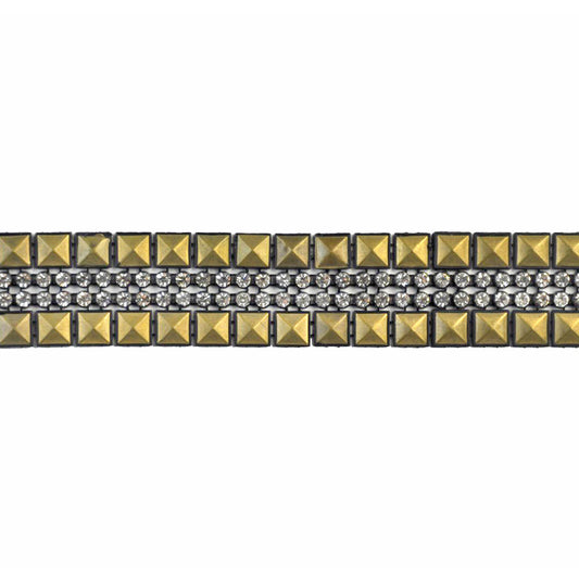 Rhinestone trim featuring antique gold color with a pattern of gold-colored square-shaped embellishments on a clear rhinestone line.