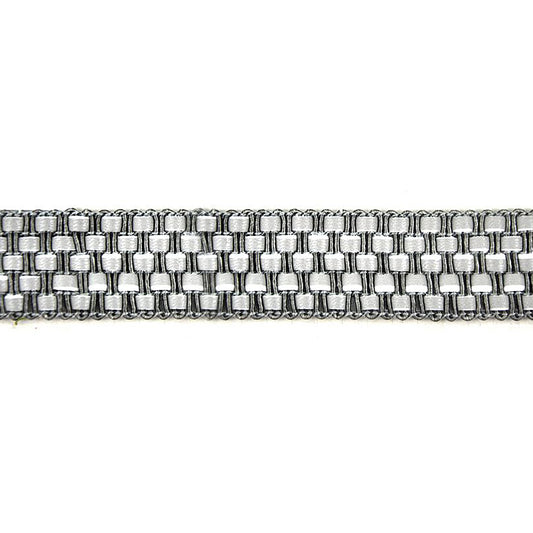 A close-up image of a faux leather braid with silver color, arranged in a pattern with visible texture and shine.