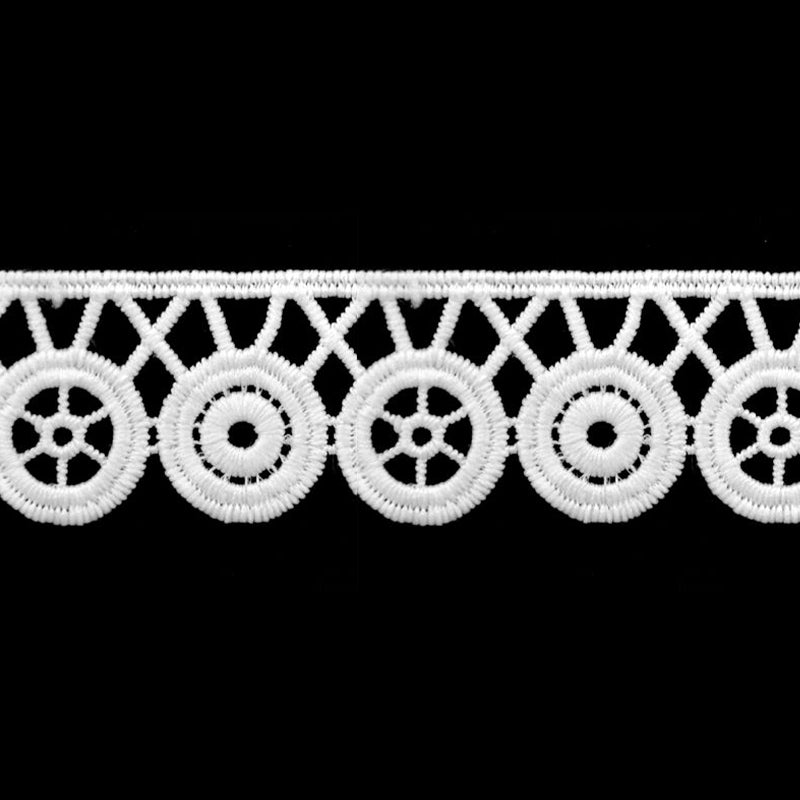 A white Venice lace trim with a geometric pattern.