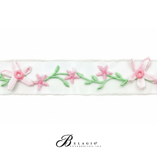 Belagio Enterprises White & Pink 3D Floral Embroidered Organza Trim - Sheer Lace Appliqué with Grosgrain Ribbon Flowers for Crafts & DIY Décor (1.5" Wide, 9–11 Yards)