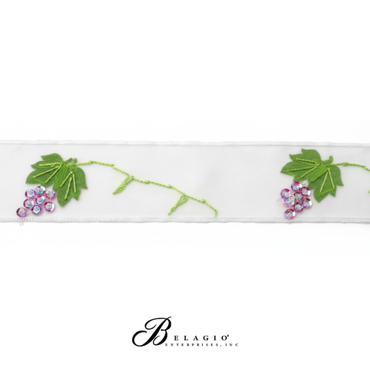 Belagio Enterprises White Organza Trim with Grape Vine Embroidery – 3D Leaves & Sequin Grapes Ribbon for Sewing, Crafts & Décor (1.5" Wide, 9–11 Yards)