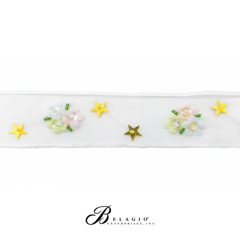 Belagio Enterprises White Organza Trim with Pastel Flowers & Yellow Stars - Sequin Embroidered Ribbon for Sewing & DIY Décor (1.5" Wide, 9–11 Yards)
