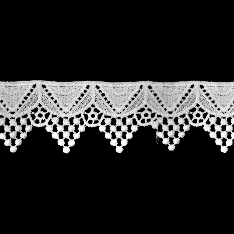 A close-up of white Venice lace trim with a scalloped edge.