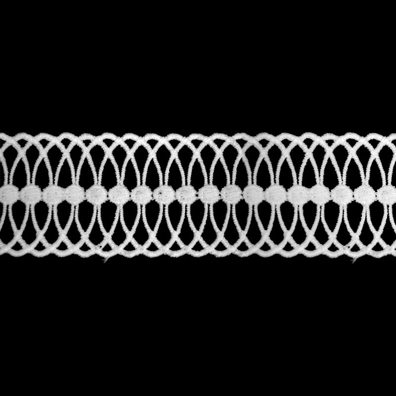 A white venice lace trim with overlapping oval chain design