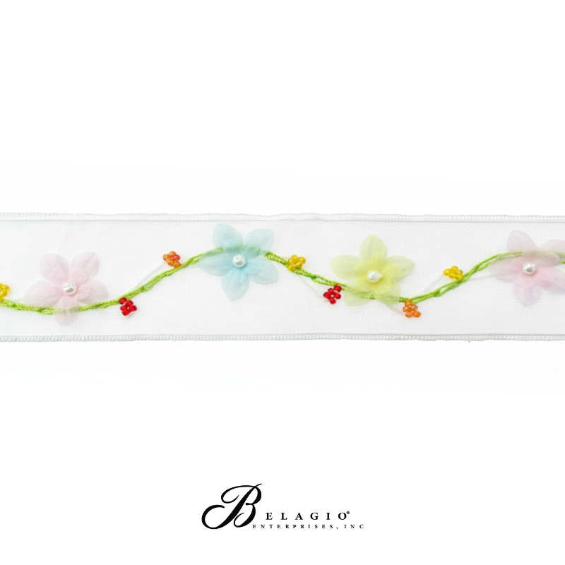 Belagio Enterprises White Organza Trim with Pastel 3D Flowers & Beaded Accents – Sheer Embroidered Ribbon for Sewing, Crafts & DIY Décor (1.5" Wide, 9–11 Yards)