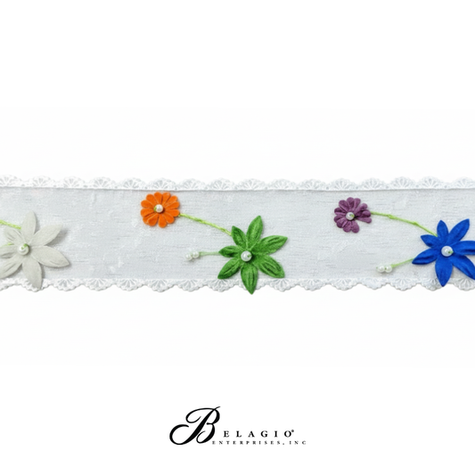 Belagio Enterprises White Organza Trim with Colorful Felt Flowers & Pearl Accents - Embroidered Ribbon Lace for Sewing & DIY Crafts (1.5" Wide, 9–11 Yards)
