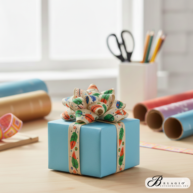 Belagio Enterprises Woven Ribbon Tape – Feathers Design, 5/8" Wide x 25 Yards – Craft Ribbon for Embellishments, Sewing & Gift Wrapping