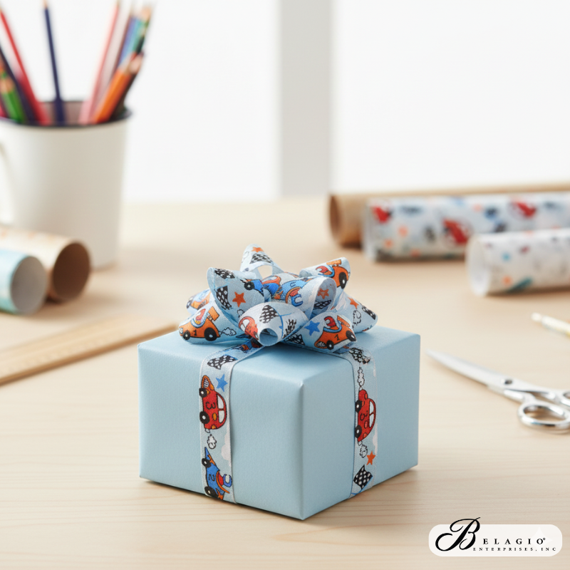 Belagio Enterprises Woven Ribbon Tape – Race Car Design, 5/8" Wide x 25 Yards – Craft Ribbon for Embellishments, Sewing & Gift Wrapping