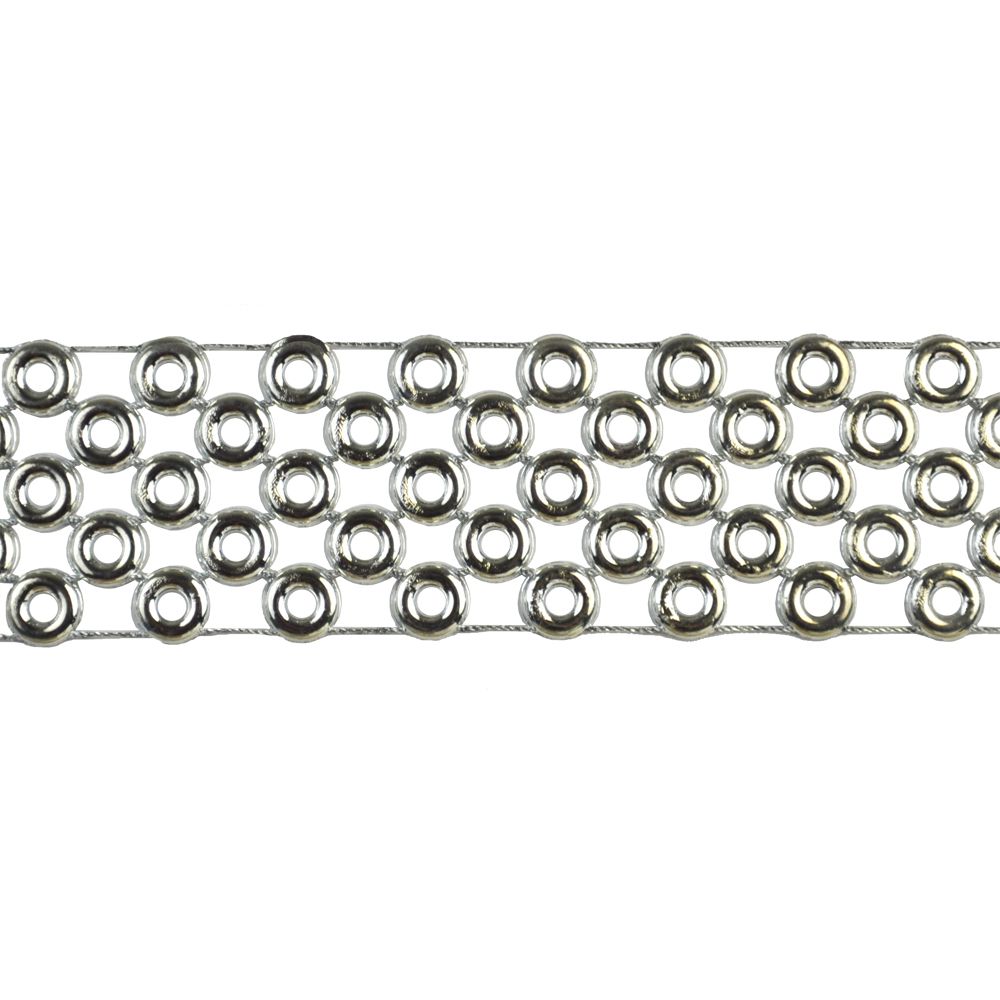 A 5-yard roll of metallic plastic ringlet trim, with a width of 1 1/2 inches, in a silver color.