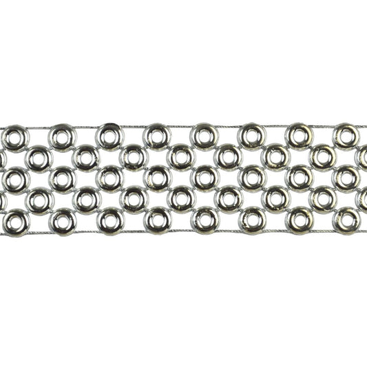 A 5-yard roll of metallic plastic ringlet trim, with a width of 1 1/2 inches, in a silver color.