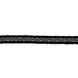 A close-up image of a black denim trim with a geometric pattern.
