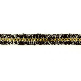 A close-up image of a black denim trim with a gold stripe, likely used for crafting or clothing design.