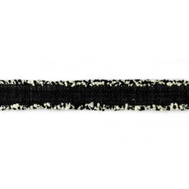 A close-up of a 1-inch wide black denim trim with a textured appearance.