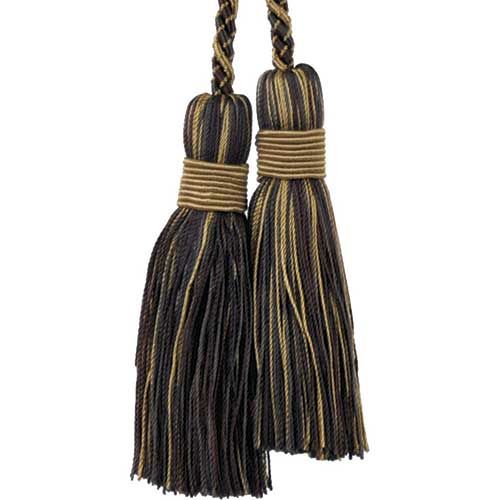 A pair of chair tie tassels with purple and mocha colors.
