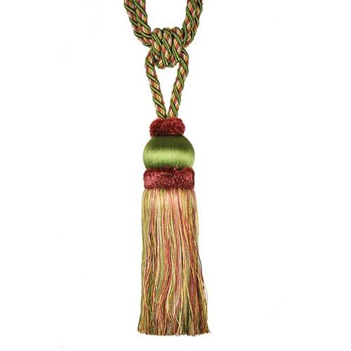 A single tassel tieback with green and rose colors