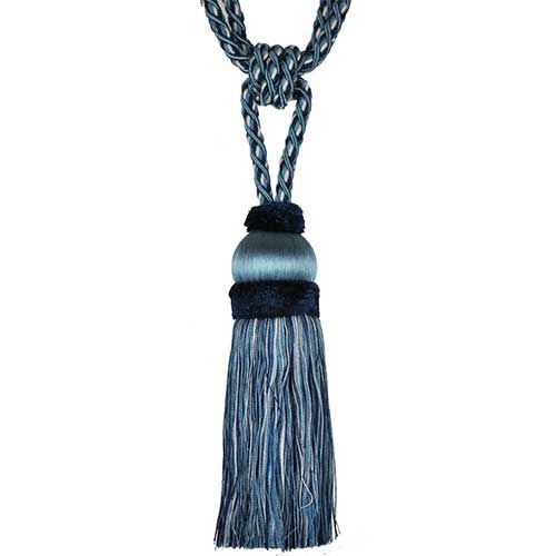 A single tassel tieback with light blue and navy blue color.