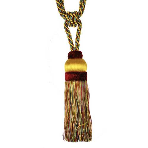 A single tassel tieback with a combination of royal blue and wine red colors