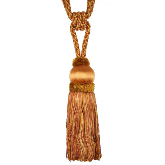 A single tassel tieback with a combination of dark brick and mocha colors.