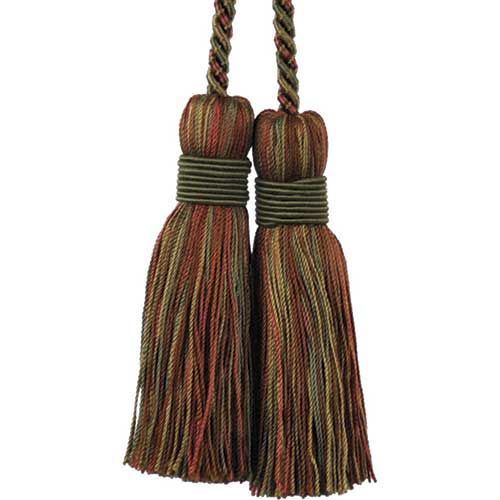 A dark brick and brown colored chair tie with a pair of tassels.