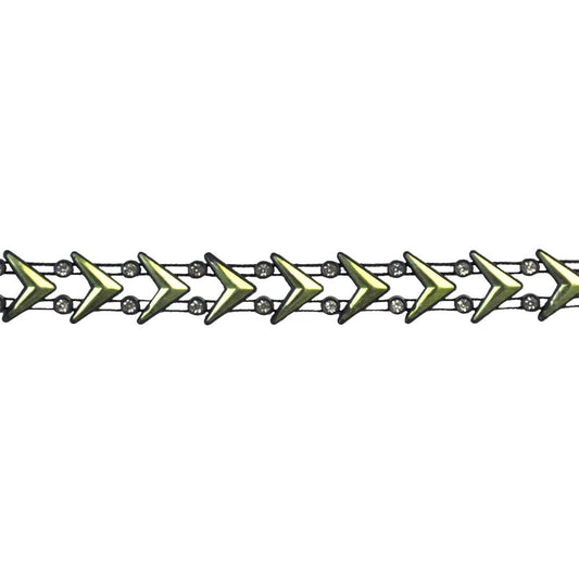 A roll of mint green rhinestone trim with a zigzag pattern and rhinestone embellishments.