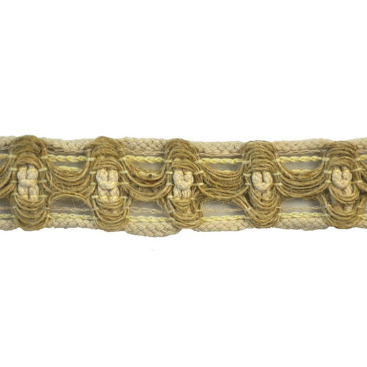 A close-up image of a beige and natural color jute braid trim with a looped and braided design.