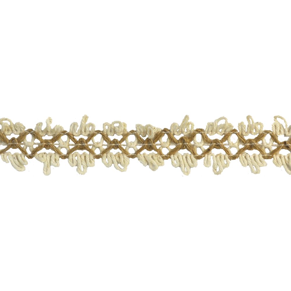 A roll of jute braid trim in beige color, 1 1/4 inch in width, against a white background.