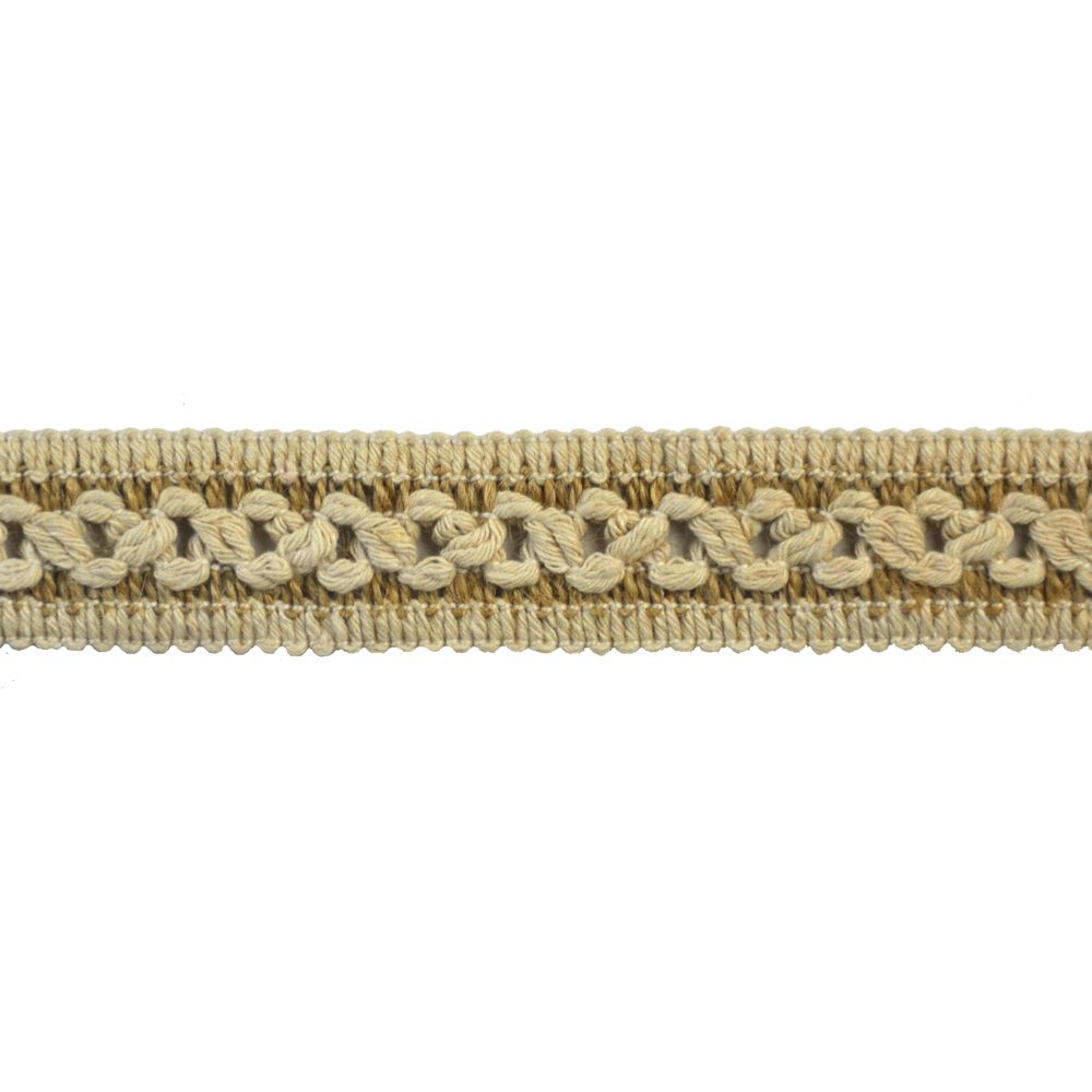 Close-up of a beige jute braid trim with a natural color tone against a white background.