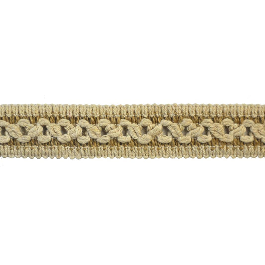 Close-up of a beige jute braid trim with a natural color tone against a white background.