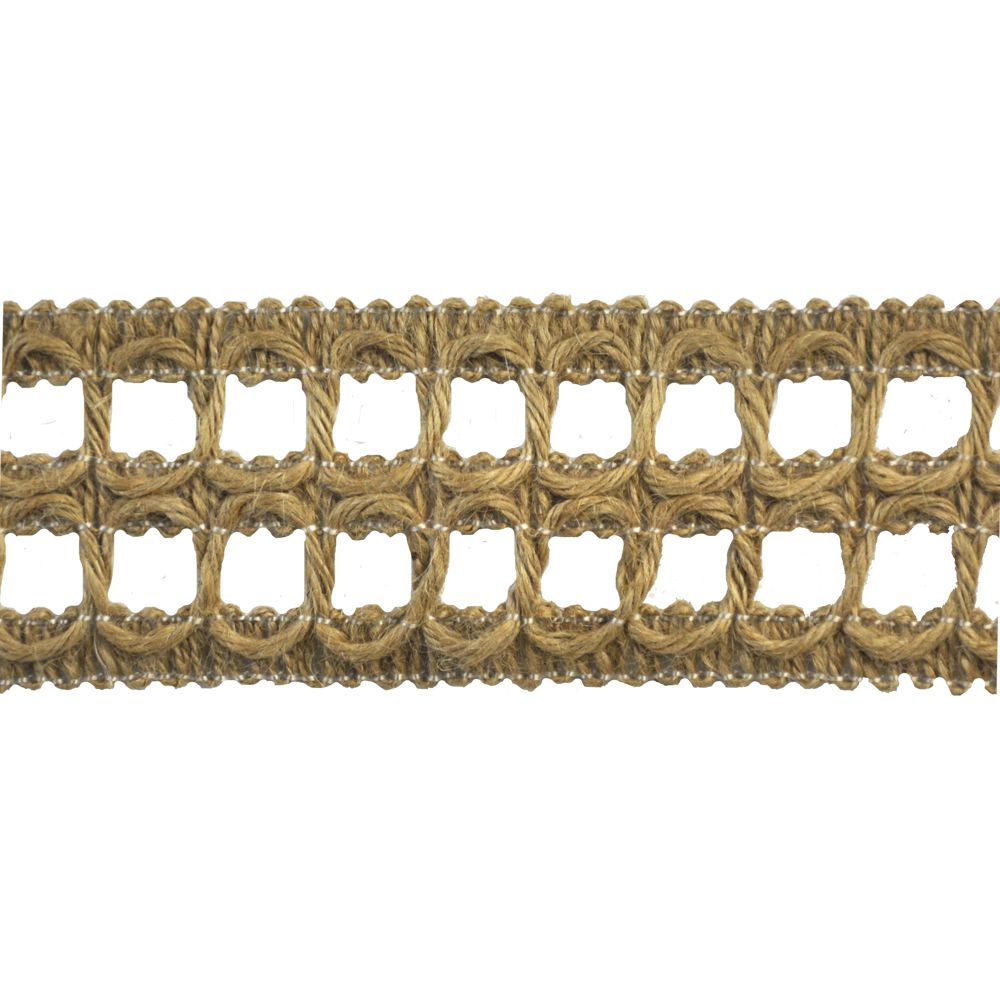 A roll of natural jute braid trim with a woven pattern.