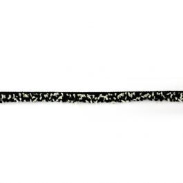 A small piece of black denim trim with a wide edge on a white background.
